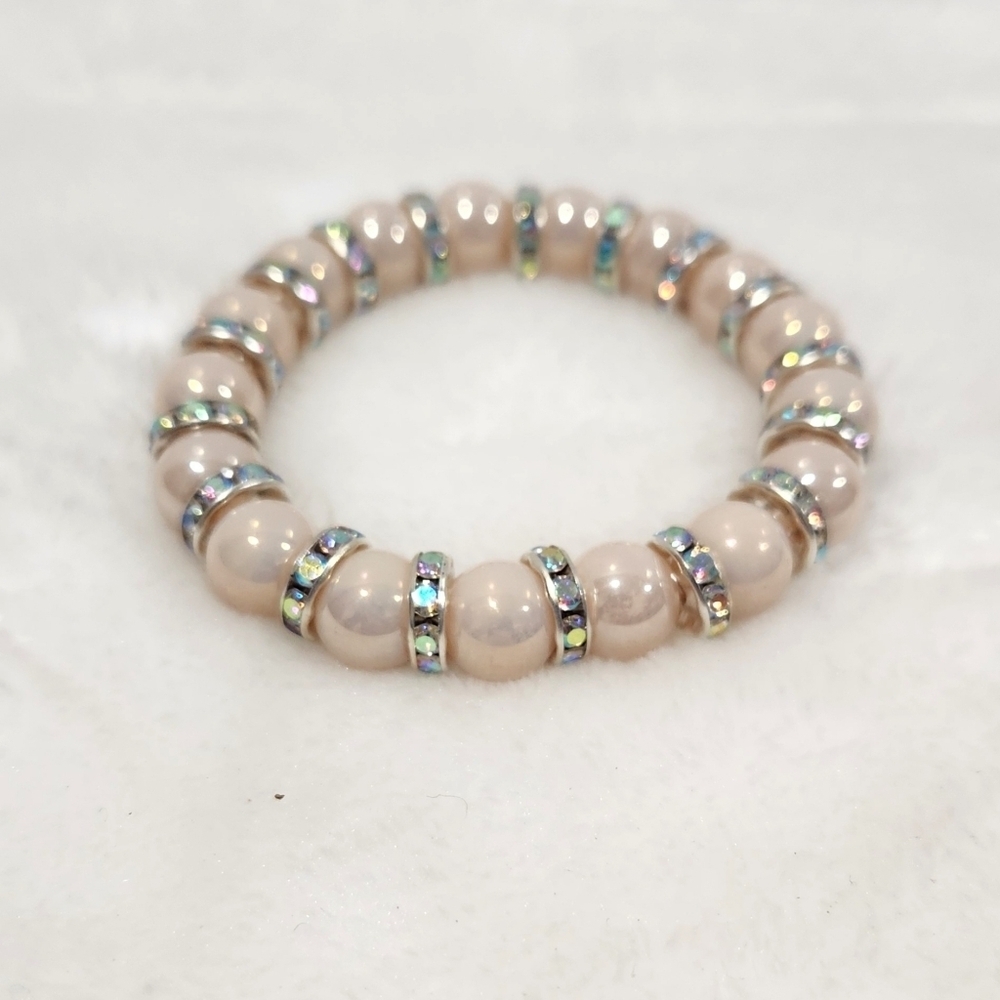 Handmade Light Pink Faux Pearl Silver Iridescent Rhinestones Elastic Bracelet